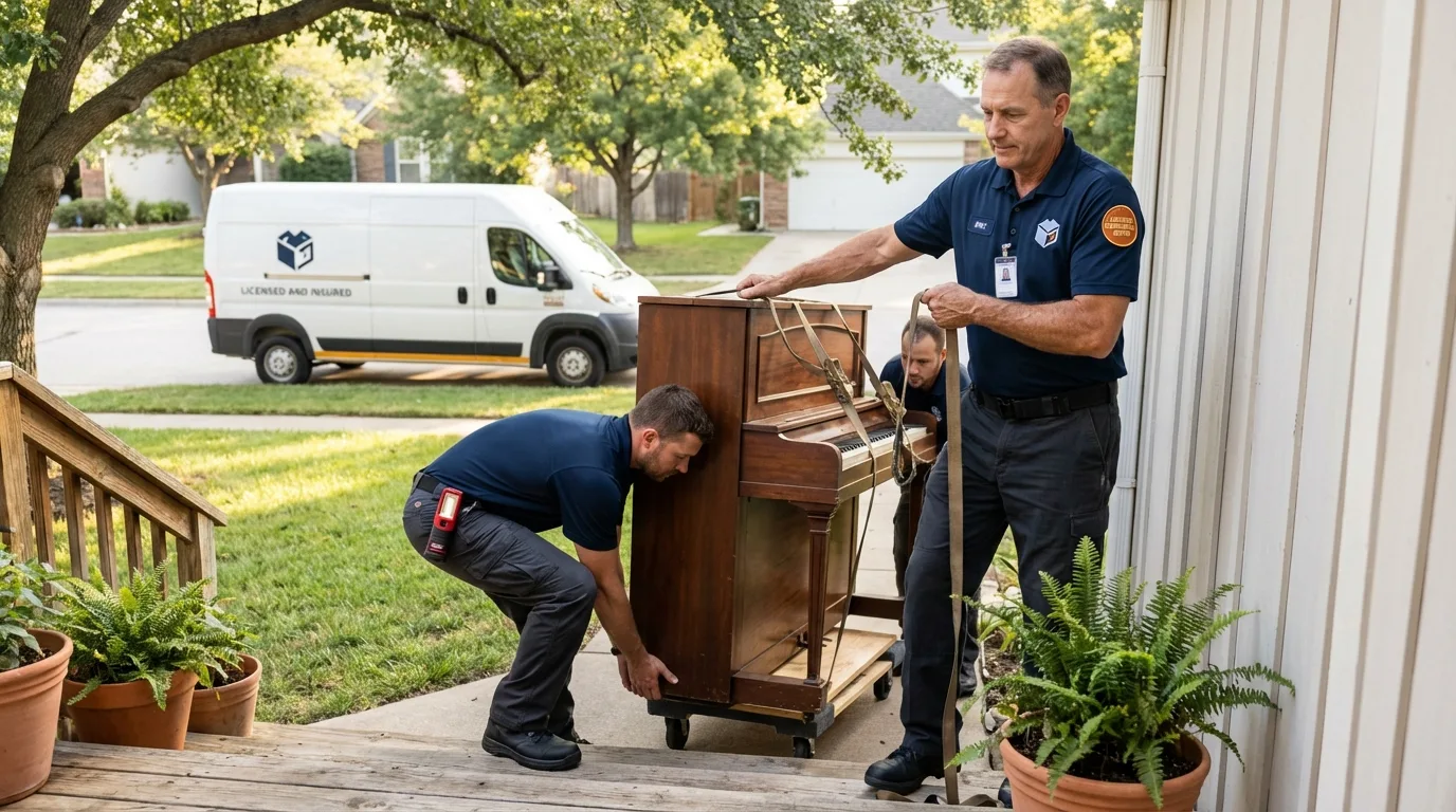 Licensed piano movers securing grand piano in Kiowa, KS