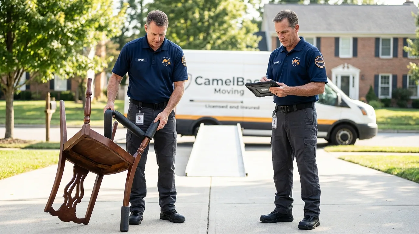 Movers inspecting furniture for damage prevention before loading in Kiowa, KS