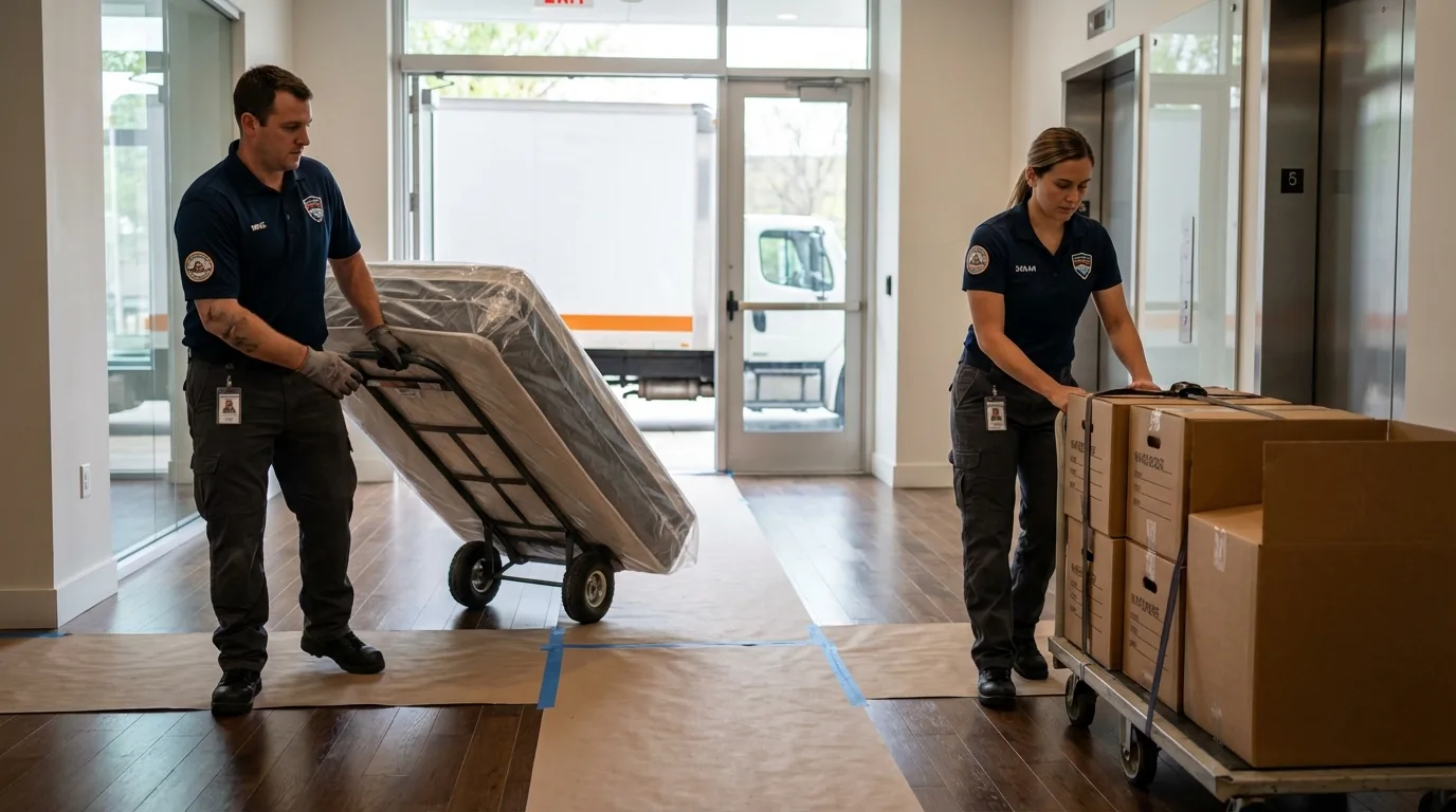 Professional apartment movers loading elevator in Kiowa, KS