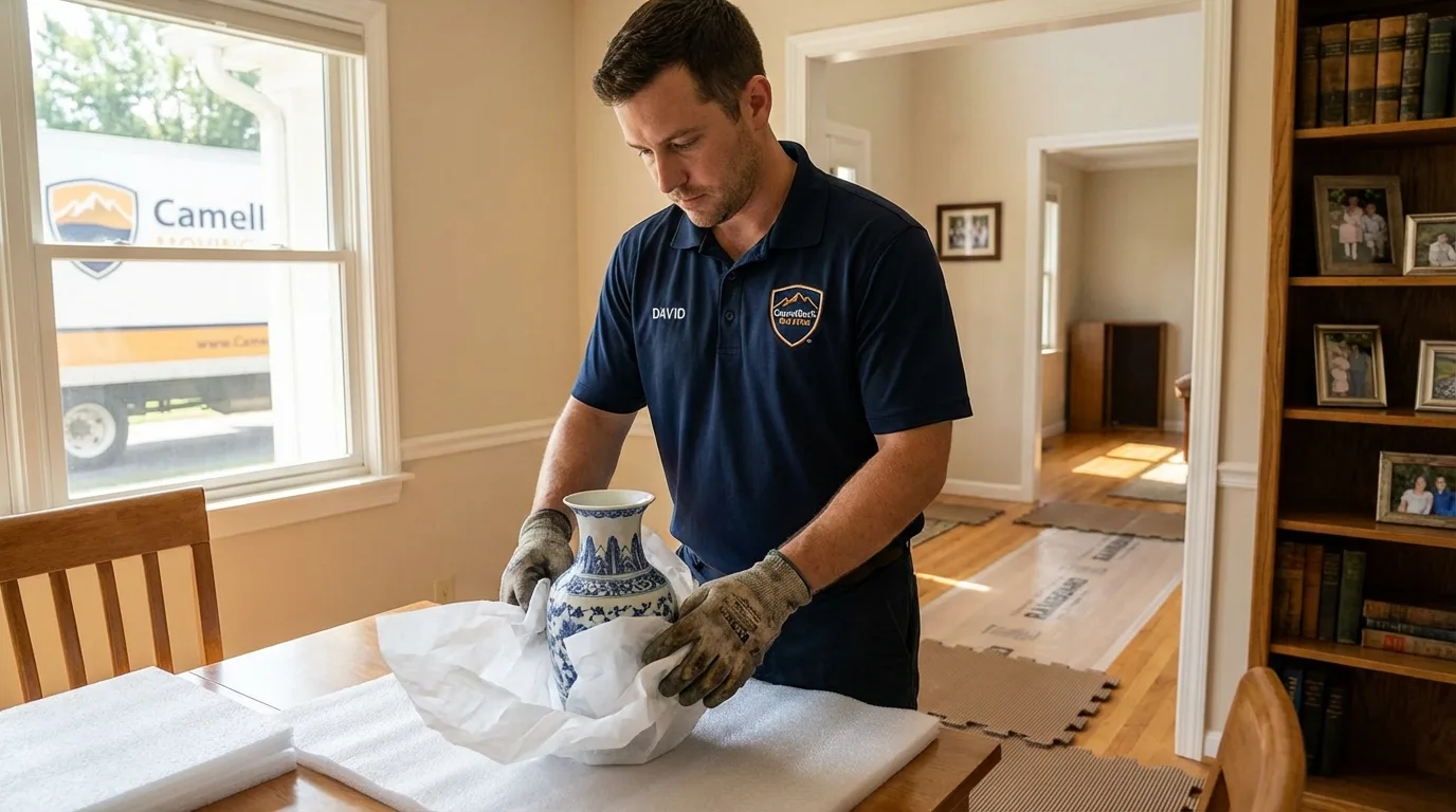 Professional crew carefully wrapping antique vase for senior downsizing move in Kiowa, KS